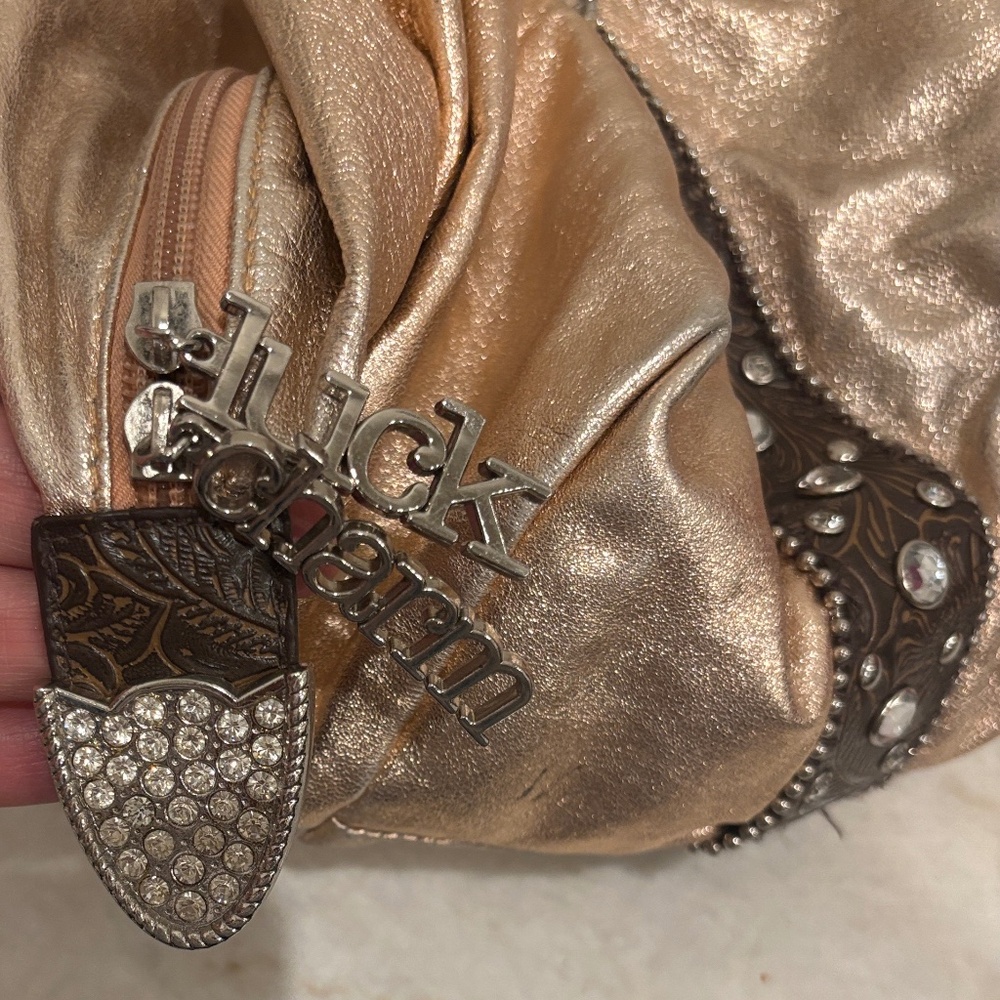 โจCharm & Luck Shiny Pink Leather Handbag with Rhinestone BucklesโGenuine Leather - Picture 3 of 11